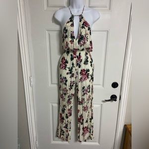 P- ROE + MAY White Floral Halter Strap Jumpsuit